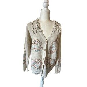 Vintage Bunny Floral Knit Cardigan Sweater Crochet Collar Mandal Bay Womens XL